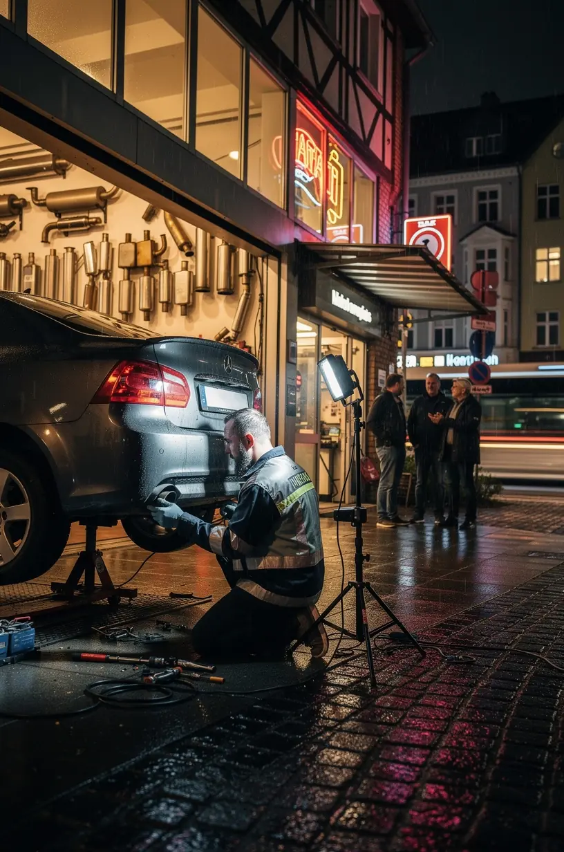 Arbeitsplatz in einer Reparaturwerkstatt mit Spezialwerkzeugen für Abgassysteminstandsetzung.